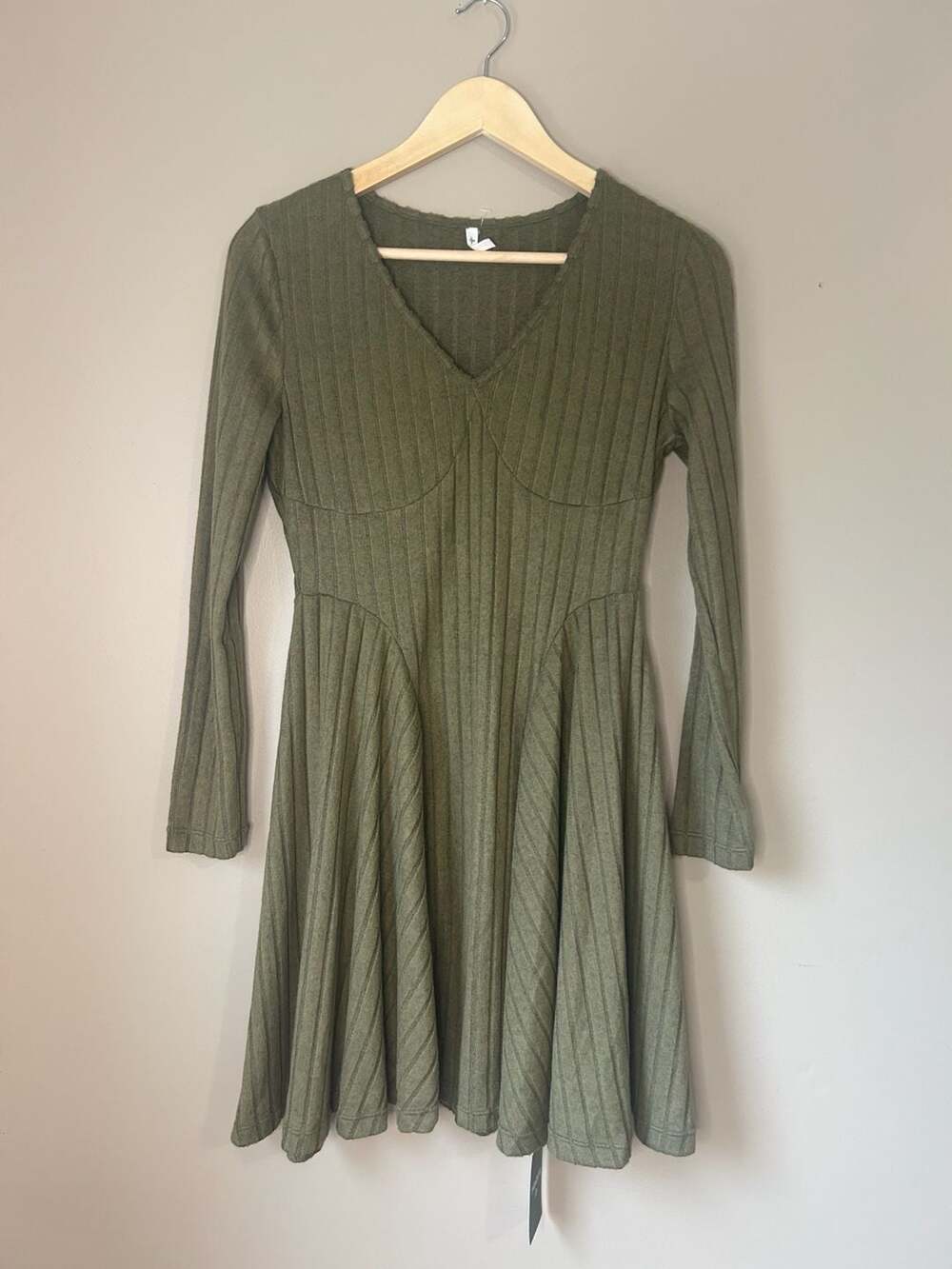 Halara Ribbed Knit V Neck Long Sleeve Flare Mini Casual Dress - Picture 2 of 6